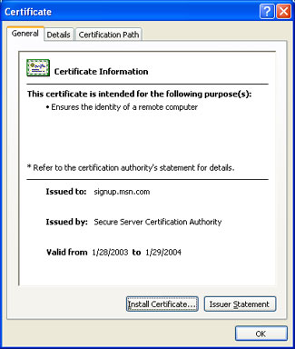 Screen shot of an MSN certificate